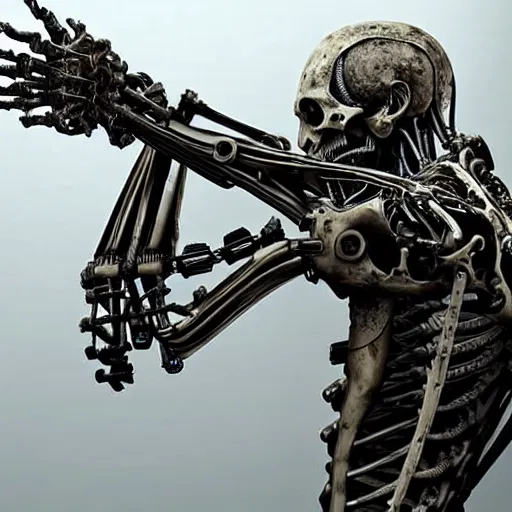 Image similar to biomechanical bone cyborg still frame from Prometheus movie by giger, undead king knight editorial by Malczewski, ornate war automaton construct by Peter Mohrbacherp