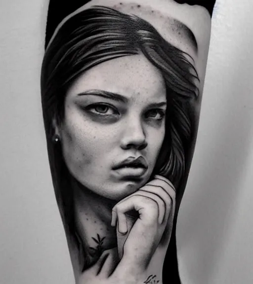 Image similar to a beautiful girl portrait, faded mountain background, realism tattoo, in the style of den yakovlev, black and white, hyper realistic, highly detailed