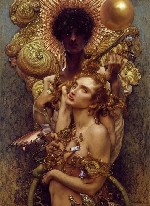 Prompt: hyper realistic painting of a key!!!, gold ornaments, flowing fabric, intrincate detail, detailed faces by wayne barlowe, gustav moreau, goward, gaston bussiere and roberto ferri, santiago caruso, and austin osman spare, ( ( ( ( occult art ) ) ) ) bouguereau, alphonse mucha, saturno butto