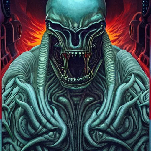 Image similar to doom giger alien demon portrait in hell, fire and flame , Pixar style, by Tristan Eaton Stanley Artgerm and Tom Bagshaw.