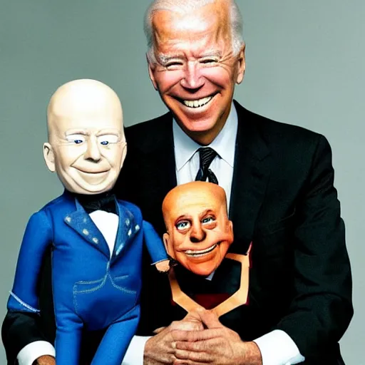 Image similar to UHD candid color photo of (Nazi Klaus Schwab) holding a (ventriloquist dummy of Joe Biden), accurate faces, UHD, photorealistic, correct face, photo by Annie Leibowitz