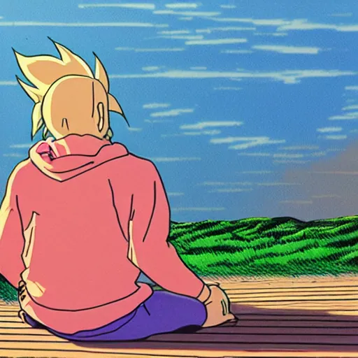 Prompt: a person relaxing in the sunset, the camera is behind, 8 k, drawn by akira toriyama