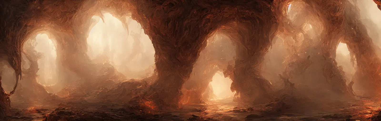 Image similar to Paintings based on the gates of hell, intricate, elegant, fantasy, highly detailed, digital painting, shallow focus, illustration, beautiful volumetric lighting, epic light, trending on Artstation.