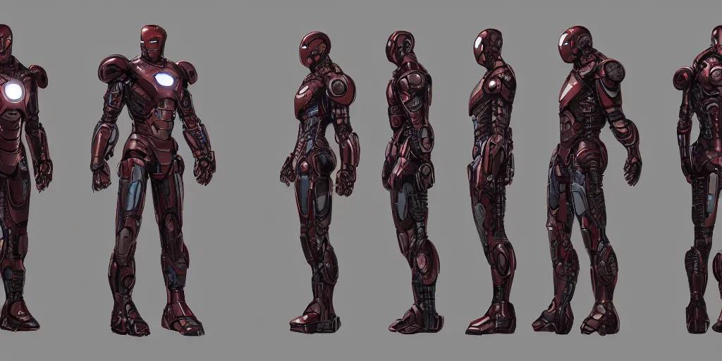 Image similar to cyberpunk iron man, character sheet, concept design, contrast, kim jung gi, greg rutkowski, zabrocki, karlkka, jayison devadas, trending on artstation, 8 k, ultra wide angle, pincushion lens effect