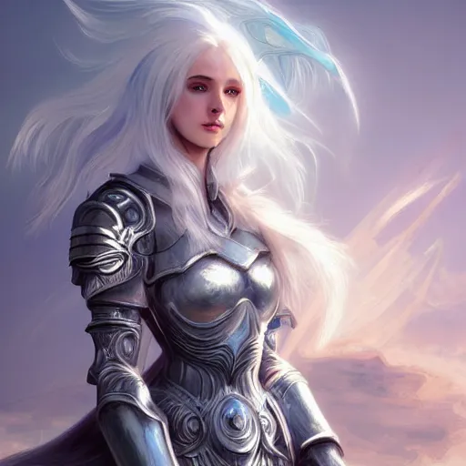 Image similar to portrait white hair knights of Zodiac girl, Sliver ice color reflected armor, in ruined Agora of Athens Sunrise, ssci-fi and fantasy, intricate and very very beautiful and elegant, highly detailed, digital painting, artstation, concept art, smooth and sharp focus, illustration, art by tian zi and WLOP and alphonse mucha