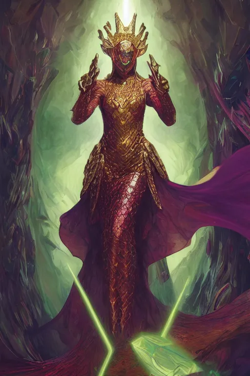 Prompt: masterpiece digital painting of a queen reptilian, photoshoot, gold obsidian armor, chaotic ruby inlays, large cape, background, by kev walker and greg rutkowski and mucha, green sparkles, artstation, deviantart, cinematic lights