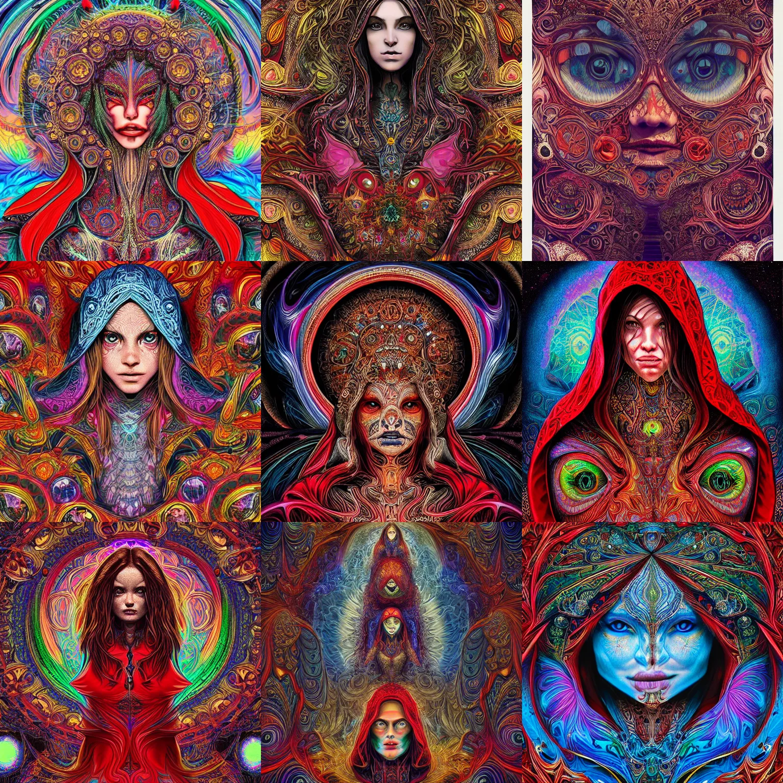 Prompt: a intricate ornate psychedelic image of a red riding hood, digital art by felix kelly, alex grey, dan mumford, artgerm, psychedelic art, psychedelic, fractalism, fractals, sacred geometry, artstation, detailed, art, hyper realism, hyper detailed, cgsociety, ue 5, hd, 3 d