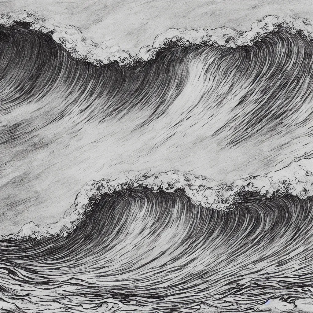 Image similar to an beautiful painting of one single hawaiian wave painted by albrecht durer, monochromatic color scheme, high detail, breathtaking wave, lineart, line art, soft colors, simplicity