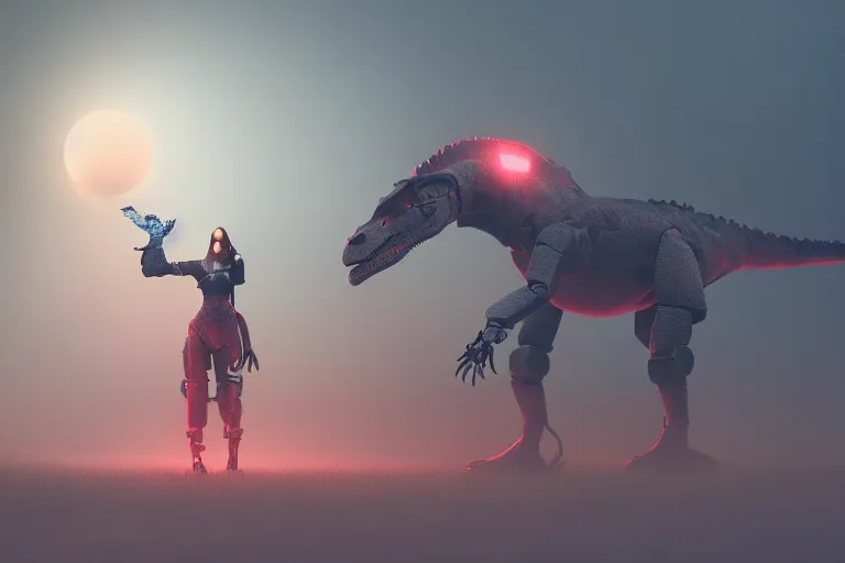 Prompt: a beautiful robot woman riding a dinosaur, misty, digital art, hazy, foggy, red lighting, ambient lighting, 8 k,