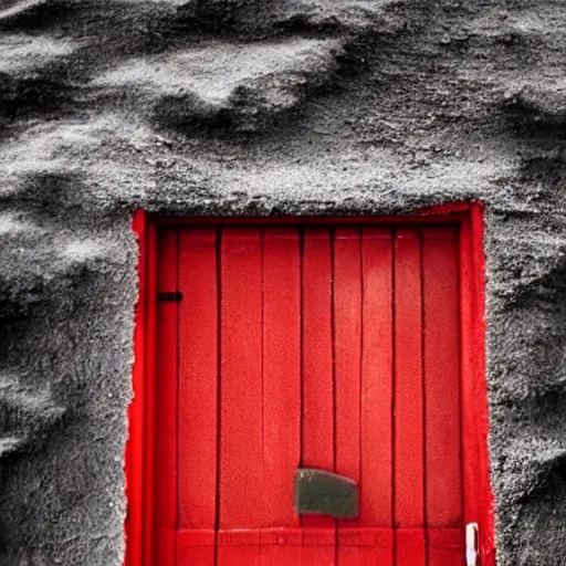 Image similar to a red door at the bottom of the ocean, ominous, deep, ethereal, dark, bubbles, marine life