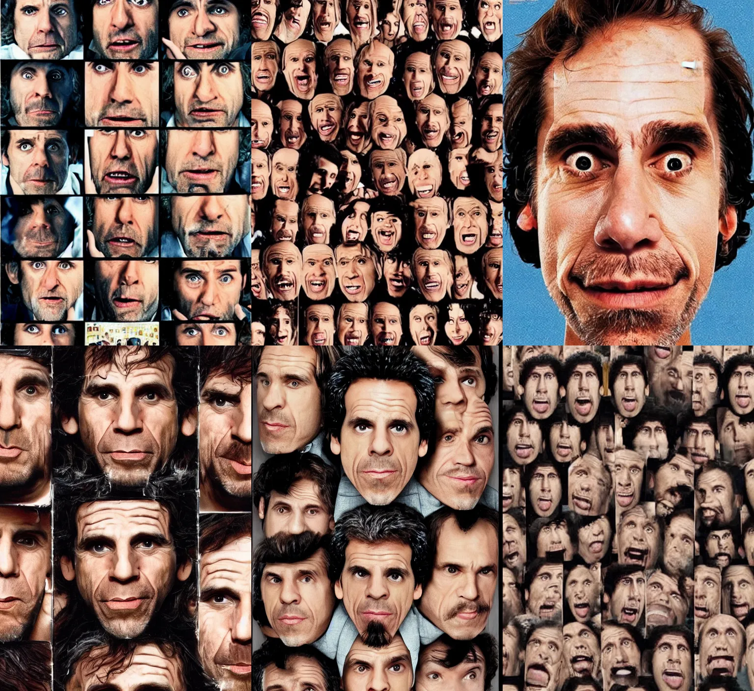 Prompt: movie poster for 'Being John Malkovich' face made of faces 'Being Ben Stiller'