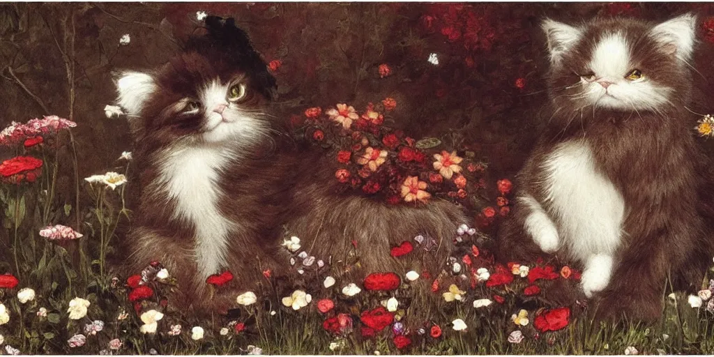 Image similar to 3 d precious moments plush cat with realistic fur and an dark red / medium red / reddish brown / deep purplegray color scheme, field of flowers, master painter and art style of john william waterhouse and caspar david friedrich and philipp otto runge