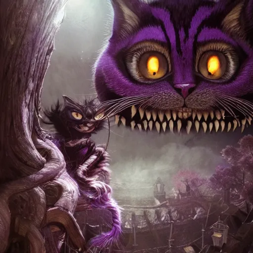 Image similar to The Cheshire Cat at the Dark Carnival, highly detailed, artstation, intricate, smooth, sharp focus, dark, horror, illustration, art by greg rutkowski and Yuumei, good clear quality, lighting, biology, symmetrical artwork, perfect face, 135 mm, cinematic, hyper realism, high detail, octane render, 8k, crimson highlights