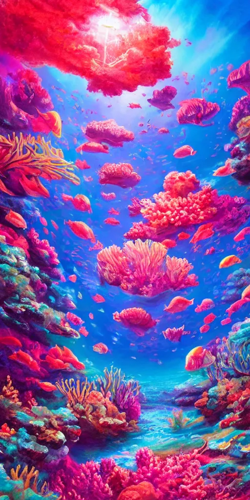 Prompt: underwater neon coral reef landscape magical realism painting with sun rays coming from above, neon pastel colors