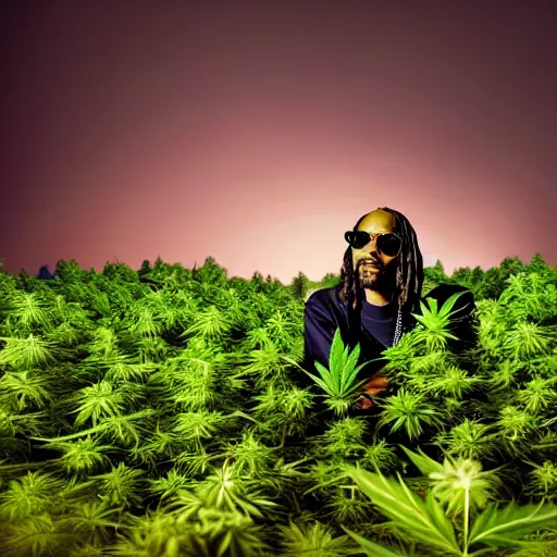 Prompt: Snoop Dogg in a marijuana field, cinematic lighting, award winning photography