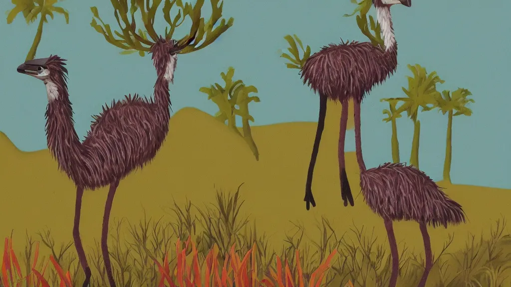 Prompt: fingerpainting stylistic emu diorama