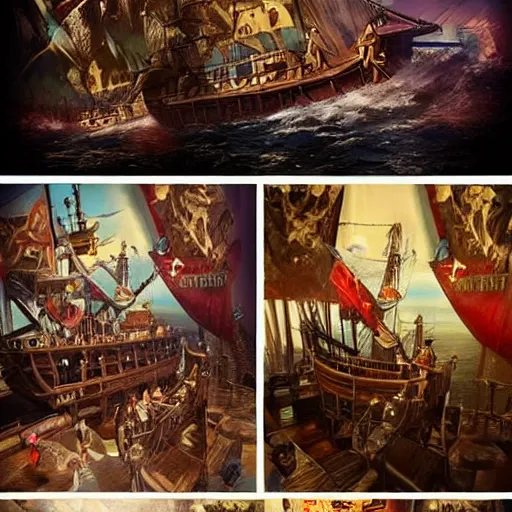 Image similar to pirate themed escape room set on the deck on pirate ship from 1 7 2 0. steampunk and magical colors. trending on artstation, realistic.