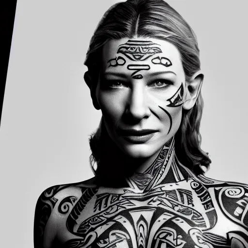 Image similar to high resolution image of cate blanchett with full body maori tattoo , highly detailed, photorealistic, 4k