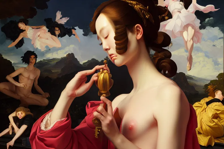 Image similar to baroque oil painting of key visual portrait full body of victoria secret show, rule of thirds golden ratio, fake detail, trending pixiv fanbox, acrylic palette knife, style of makoto shinkai ghibli takashi takeuchi yoshiyuki sadamoto jamie wyeth james gilleard greg rutkowski chiho aoshima