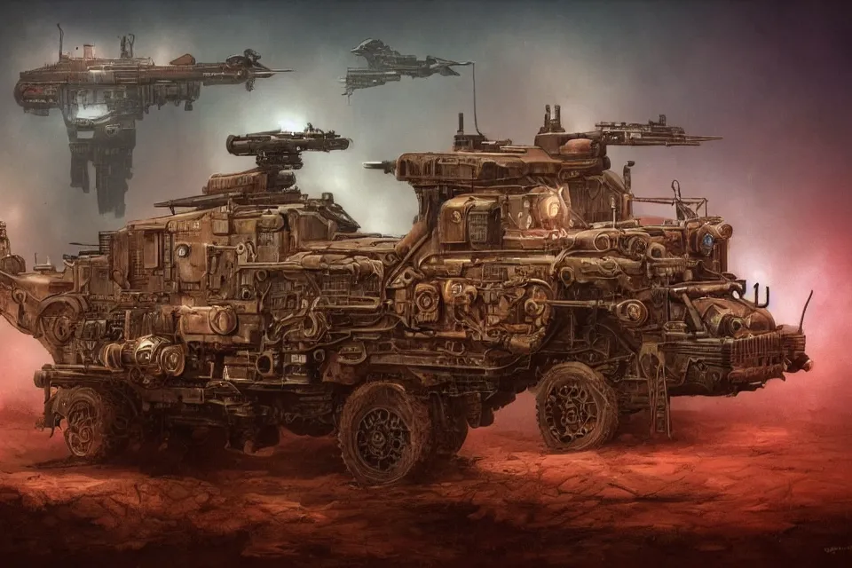 Image similar to steampunk style military vehicle with guns, red neon lights, by HR Giger and Beksiński and Stephan Martiniere , 4k resolution, detailed, trending on artstation