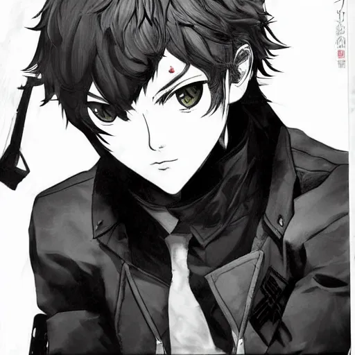 Image similar to Portrait of Ren Amimiya from Persona 5, art style of Yoji Shinkawa, Highly detailed, fantasy themed