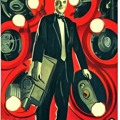 Image similar to man in futurist 6 0 ´ s lab, machines and futurist robots, red lights, leyendecker style, black suit