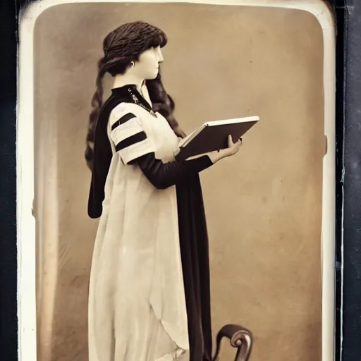 Prompt: a photo of a 2 1 st century jugendstil dress worn by a woman with ipad