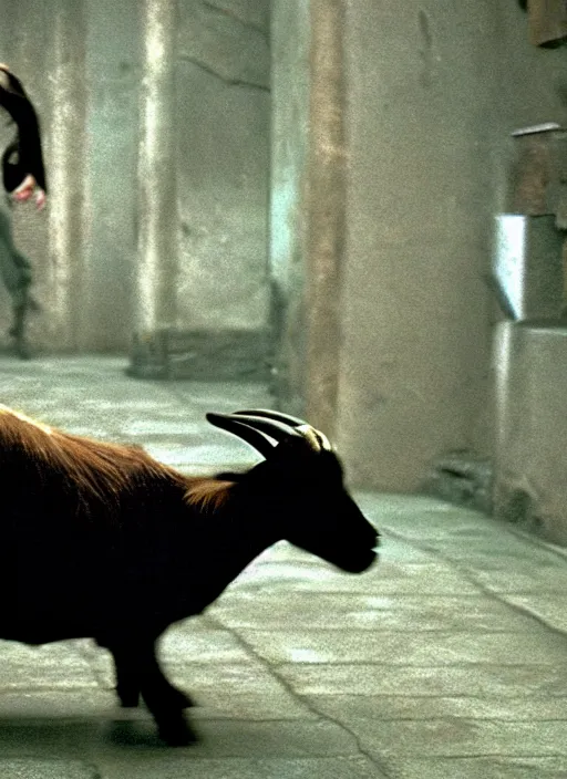 Image similar to film still of a goat as neo in the matrix, gameplay, 8 k, hd