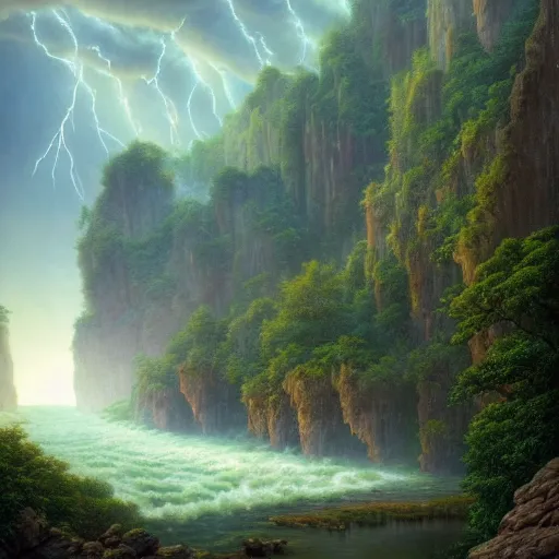 Prompt: Beautiful hyperrealistic detailed matte painting of a Landscape with a view of the river in the Rock Gorge of Love on the Lost Vibes and uncontrolled darkness in distant background, summer, thunderstorm, by andreas rocha and john howe, and Martin Johnson Heade, featured on artstation, featured on behance, golden ratio, ultrawide angle, f32, well composed, cohesive