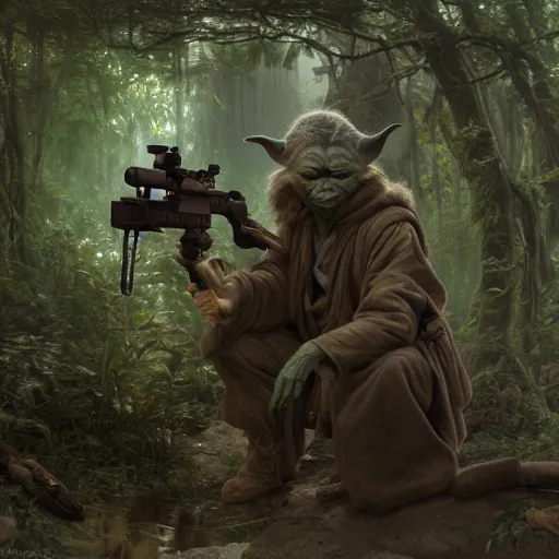 Image similar to an extremely detailed matte painting of a ridiculously good looking yoda that looks like a jewish gigachad in the vietnam war, wearing a ballistic helmet from patton, long curly hair, camouflaged gear, very detailed, jungles of vietnam beautiful, intricate, cinematic, artstation, william bouguereau, alphonse mucha, greg rutkowski, stanley kubrick, octane render