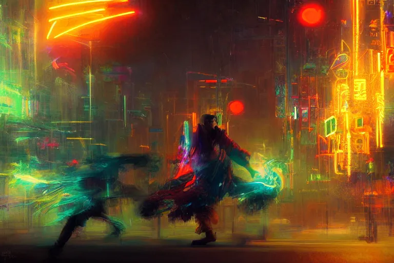 Prompt: magical sorcerer dances with bolts of electricity, digital art, intricate, dramatic lighting, neon colors, cinematic, art by ruan jia
