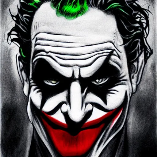 Prompt: the joker, in a dark alley, in charcoal and comics