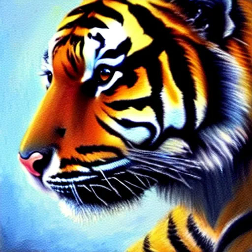 Prompt: A stunning oil painting of a tiger, artstation, smooth, sharp focus, 8K