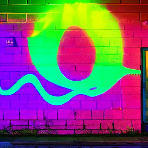 Prompt: florescent glowwave graffiti of the joker on a street wall, glow wave