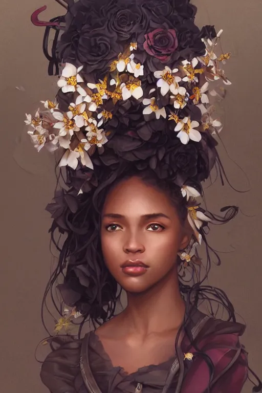 Image similar to ultra realistic illustration, black girl with flowers blossoming from helmet, elegant, highly detailed, digital painting, concept art, smooth, sharp focus, illustration, art by artgerm and greg rutkowski and alphonse mucha