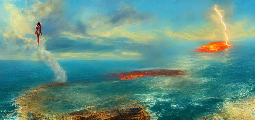 Prompt: aerial painting of a giant beautiful female, standing deep in the ocean, the sky and islands are on fire, atmospheric lightning, godray, concept art, in the style of bob byerley, 8 k high details