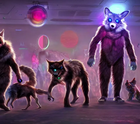 Image similar to high - resolution photograph from a biopunk era furry fandom convention ( midwest furfest 2 0 4 7 ), taking place after the genetic revolution and quantum singularity. photorealistic.