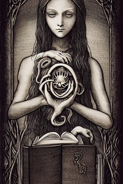 Image similar to da vinci illustration of romantic girl, her cat and her book of necronomicon, symmetrical, cinematic, sharp focus, 4 k, ultra hd, sense of awe, sinister demonic atmosphere, dreadful, forbidden knowledge, old gods, cthulhu, yog - sothoth! yah, yah, yah! cultist journal cover