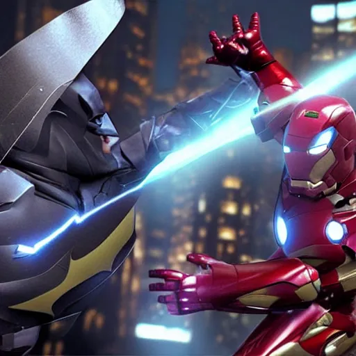 Image similar to batman and iron man fighting in chicago, ultra realistic, photorealistic, ultra details, cinematic