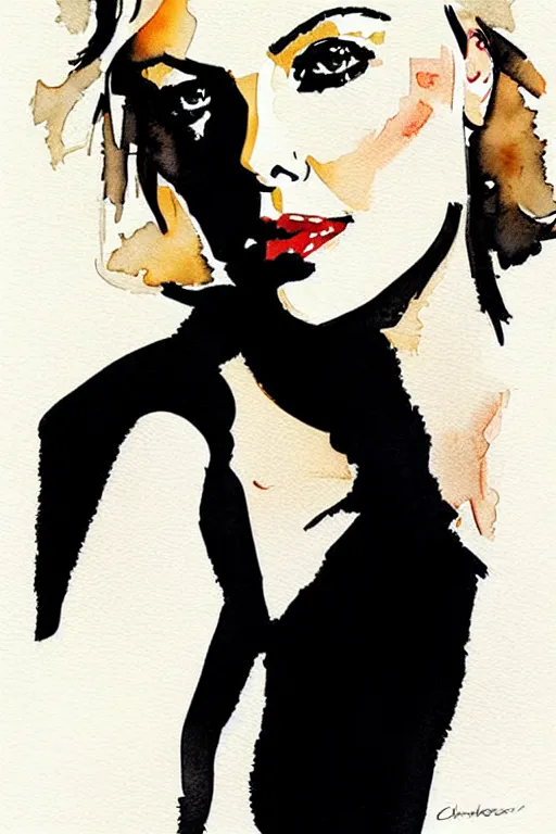 Prompt: beautiful portrait of Charlize Theron by Milo manara and David downton, watercolor
