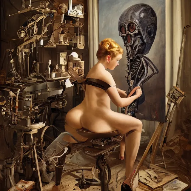 Image similar to biomechanoid artist painting a self - portrait on a canvas. intricate, highly detailed, digital matte painting in the style of gil elvgren and in the style of h. r. giger. irony, recursion, inspiration.