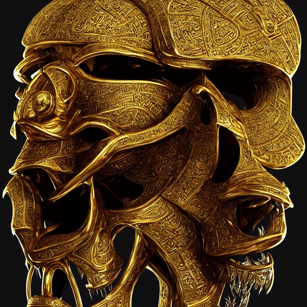 Image similar to Photorealistic epic egyptian god face close up portrait, jackal skull, gold, gems, jewels, gemstones, magic. ominous, ancient, occult, intricate artwork by Tooth Wu and beeple. octane render, trending on artstation, greg rutkowski very coherent symmetrical artwork. cinematic, hyper realism, high detail, octane render, 8k