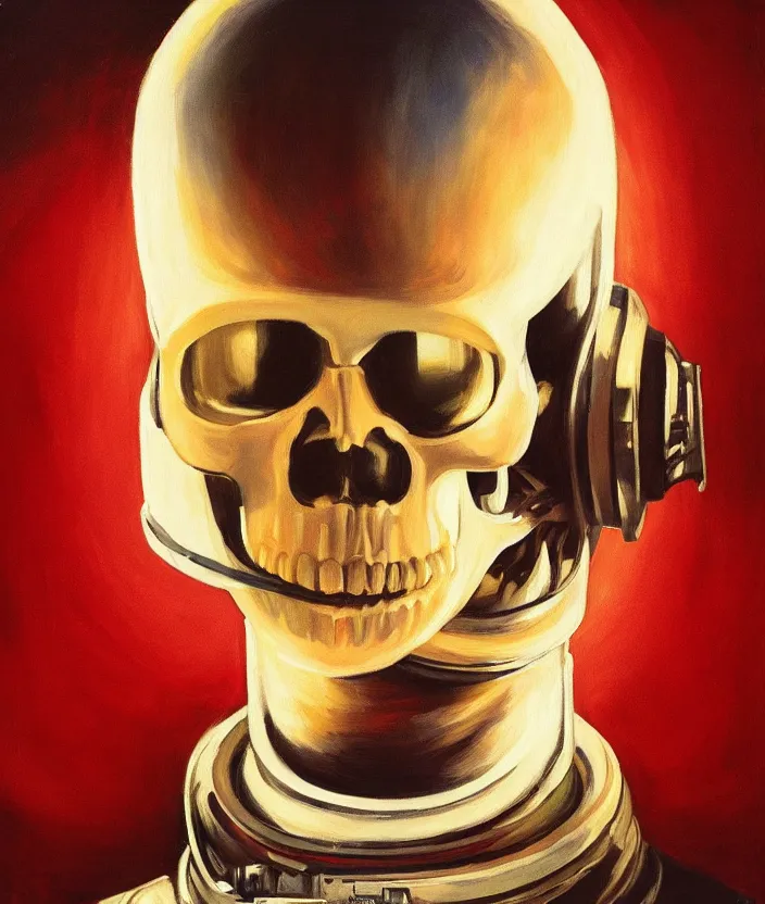 Image similar to a portrait of an astronaut with a skull head, cinematic and highly detailed oil painting by edward hopper, oil painting masterpiece, symmetry, mysterious, very aesthetic, cinematic and dramatic red light, 4 k,