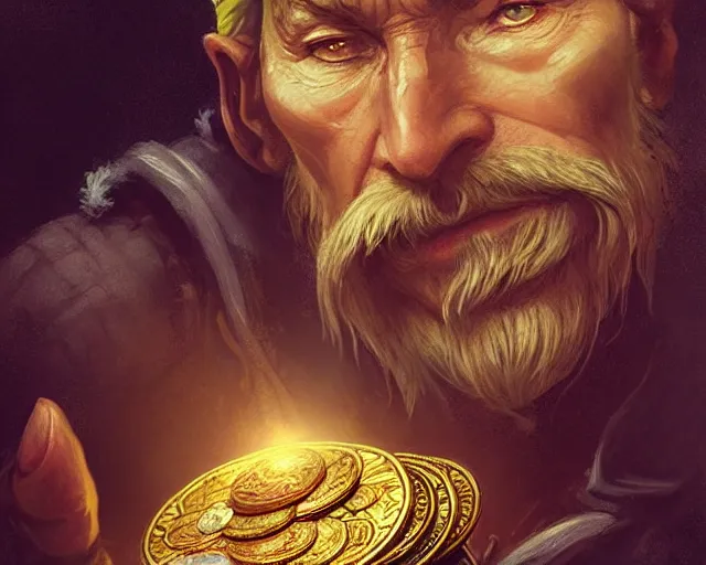 Image similar to old pirate looking carefully at a gold coin, deep focus, d & d, fantasy, intricate, elegant, highly detailed, digital painting, artstation, concept art, matte, sharp focus, illustration, hearthstone, art by artgerm and greg rutkowski and alphonse mucha