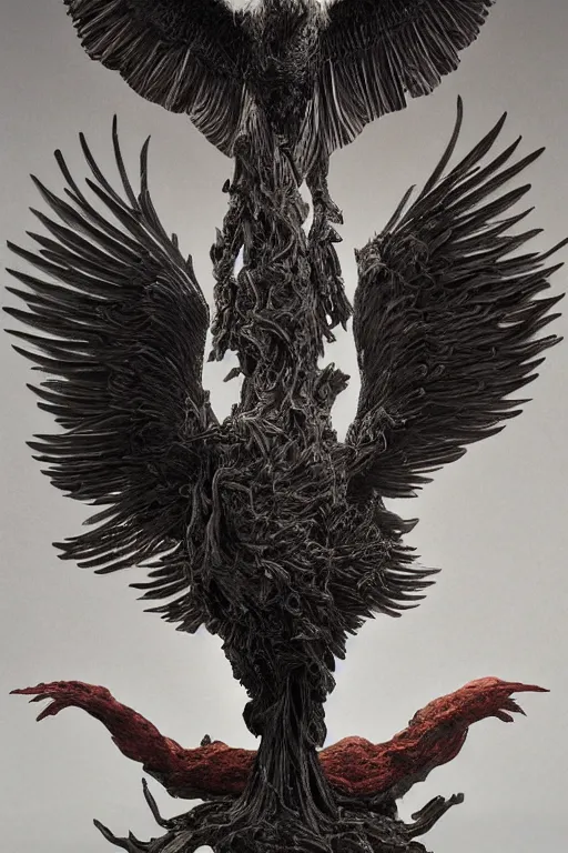 Prompt: Intricate stunning highly detailed raven by agostino arrivabene and Vladimir Kush, surreal metal sculpture, ultra realistic, Horror, dramatic lighting, full moon, blood moon, thick black swirling smoke tornado, burning fire embers, artstation