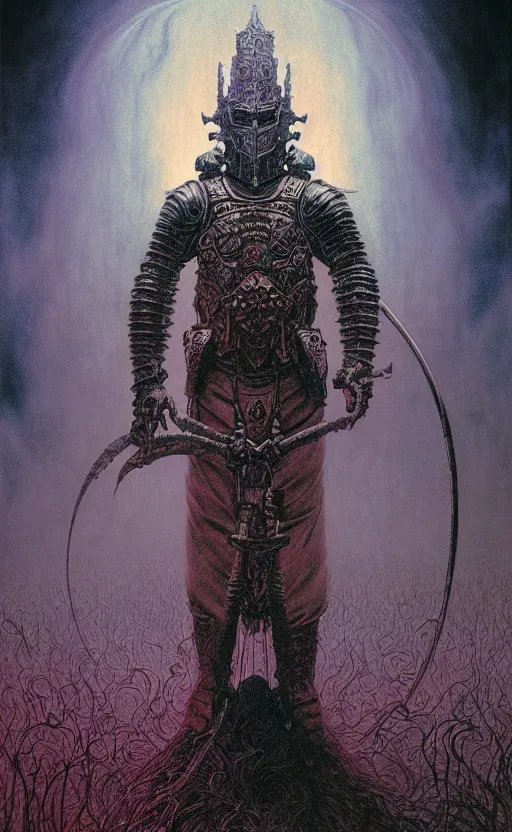 Image similar to an old temple knight in armor, king of hell, inside page of comic book, psychedelic lights and fog, in the style of zdzislaw beksinski, ayami kojima, takato yamamoto, barclay shaw, karol bak, glowing light and shadow, hyperrealist