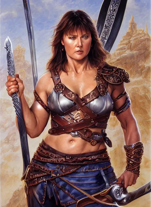 Image similar to Lucy Lawless as Xena as a ruggedly handsome hero holding an enormous large dual wielding sword, intricate, elegant, highly detailed, centered, digital painting, artstation, concept art, smooth, sharp focus, illustration, artgerm, donato giancola, Joseph Christian Leyendecker, WLOP, Boris Vallejo, Artgerm