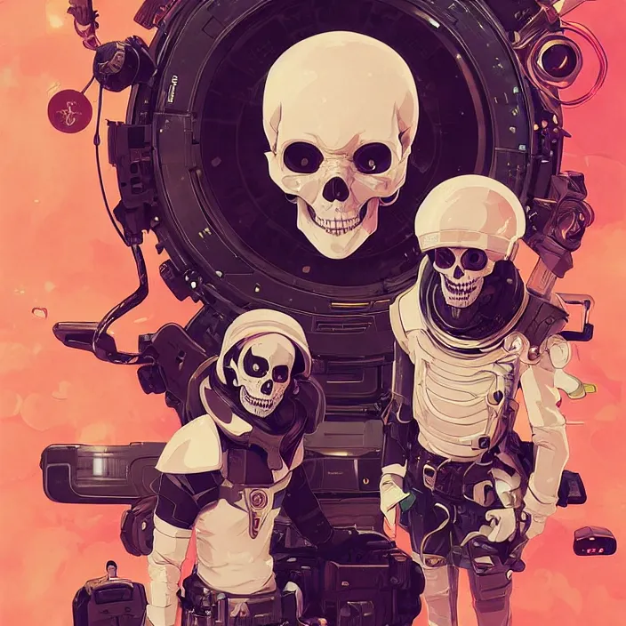 Image similar to anime skull portrait space pirate captain, futuristic science fiction, mucha, hard shadows and strong rim light, art by jc leyendecker and atey ghailan and sachin teng