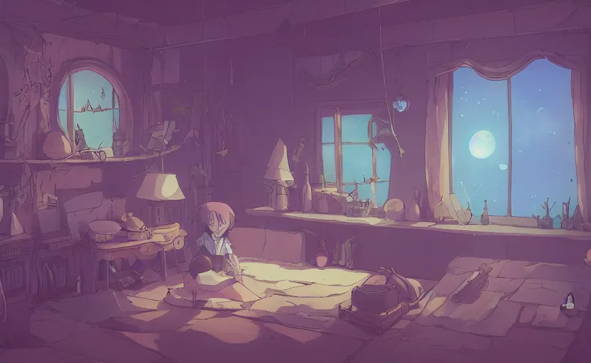 Image similar to a witch's room, crystal lights, mysterious atmosphere, cel - shading, cinematic, artstation, studio ghibli, miyazaki, highly details