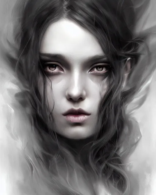 Prompt: portrait of demon girl with long hair by artgerm, dreamy and ethereal, expressive pose, big black eyes, exciting expression, fantasy, intricate, elegant, dark and moody smoke, highly detailed, digital painting, artstation, concept art, smooth, sharp focus, illustration, art by bastien lecouffe deharme and greg rutkowski